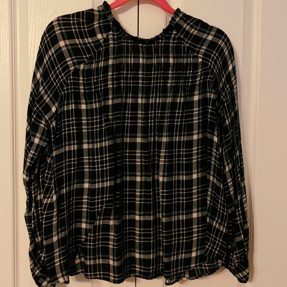Plaid Back-Button Blouse
